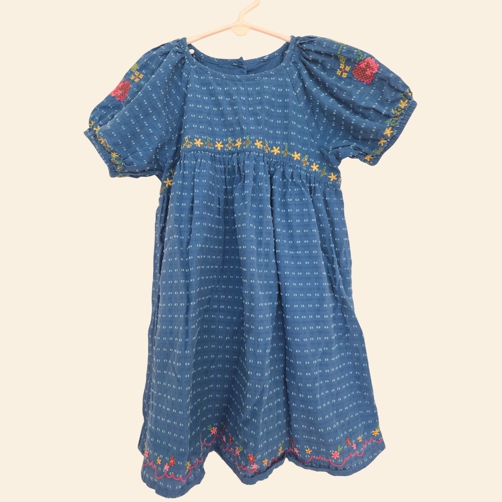 George Girls Blue Floral Embroidered Dobby Puff Sleeve Dress Size 6-7 Years